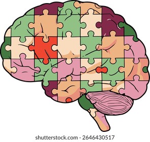 Human brain composed of colorful puzzle pieces