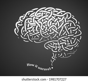 Human brain composed of tangled lines like noodles, cords or wires in general shape resembling question mark