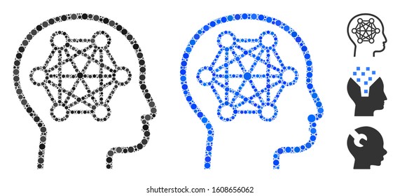 Human brain composition of spheric dots in variable sizes and shades, based on human brain icon. Vector round dots are combined into blue composition.