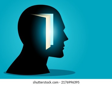 Human brain concept graphic, human head with open book, knowledge, learning concept