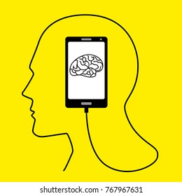 Human brain concept graphic, human head formed from smart phone's USB cable