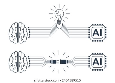 The human brain is connected to artificial intelligence. The concept of teamwork of the human brain and artificial intelligence, cooperation, search for ideas. Vector linear drawing isolated on white.