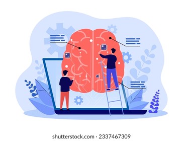 Human brain connected to computer vector illustration. IT engineers developing AI chatbot using innovative programming and algorithms. Artificial intelligence, machine learning concept
