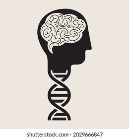 Human brain connected to DNA. Head silhouette, simple icon. Vector illustration