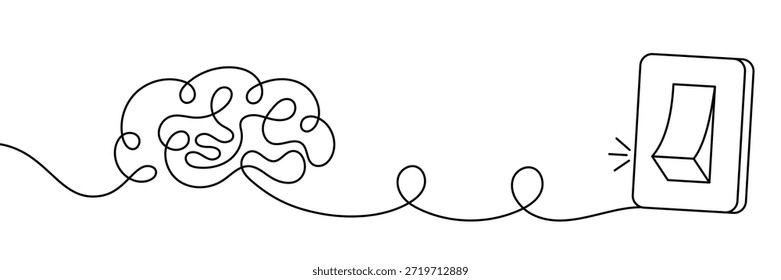 O cérebro humano conectado ao interruptor de luz simbolizando o controle do pensamento pausar a atenção mental redefinir o foco gestão psicologia terapia conceito no estilo de arte da linha preta