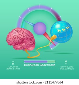 The human brain connected to the World Wide Web with a cable to download information. Brainwashing speed test.