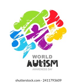 Human brain, consisting of six colored puzzle pieces, hand-drawn with paints. World Autism Awareness Day. Vector illustration on a white background.