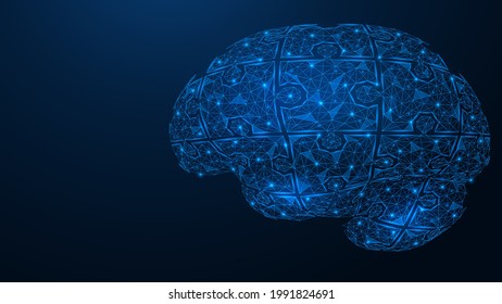 The human brain consists of puzzles. Polygonal construction of lines and points. Blue background.