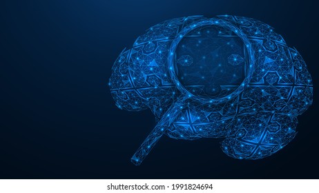 The human brain consists of puzzles. A scientific study of a particular area of the brain. Polygonal construction of lines and points. Blue background.