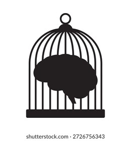 Un cerebro humano está contenido dentro de las barras de una jaula de pájaros en negro