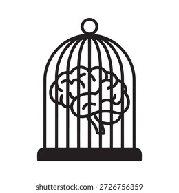 Un cerebro humano contenido dentro de las barras de un arte conceptual de jaula de pájaros