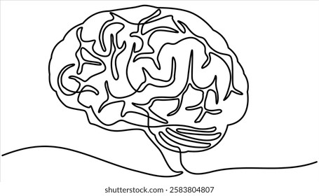 Human brain continuous one line drawing. Line art of human brain. Brain continuous one line drawing, Continuous one line drawing of human brain.