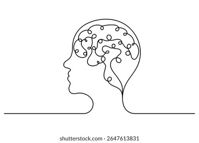 Human brain continuous one line drawing of isolated outline vector minimalist style.