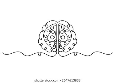 Human brain continuous one line drawing of isolated outline vector minimalist style.