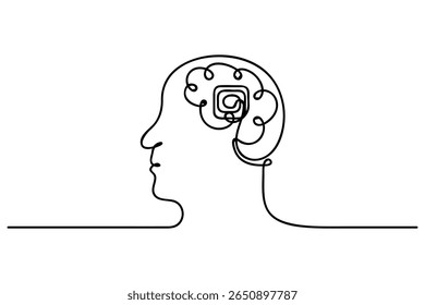 Human brain continuous one line drawing of isolated outline vector minimalist style.
