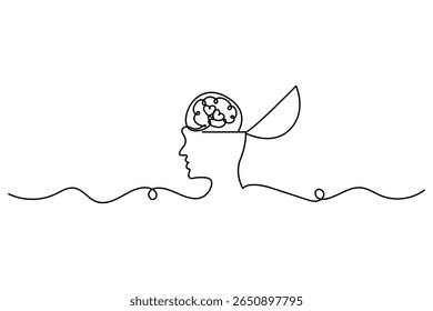 Human brain continuous one line drawing of isolated outline vector minimalist style.