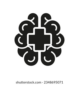 Human Brain with Cross Shape, Mental Health Silhouette Icon. Medical Aid for Humans with Psychological Disorder Glyph Pictogram. Psychology Care Sign. Emotional Support. Isolated Vector Illustration.