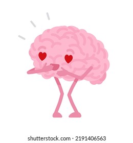 Human Brain Cute Character In Love. Heart-shaped Eyes, Strong Emotional Attachment And Sexual Attraction, Deep Pleasure, Adoration Or Gratitude, Tender Attachment. Vector Flat Style Illustration