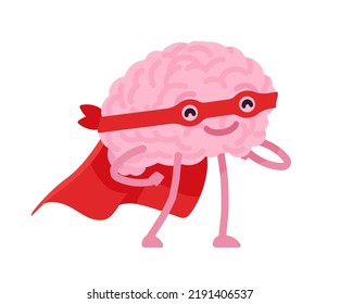 El cerebro humano es un personaje lindo con máscara y capa de héroe. Super inteligente, alto rendimiento cognitivo, superpoderes de memoria, dotados mentalmente, creatividad y logros sobresalientes. Ilustración de estilo plano vectorial