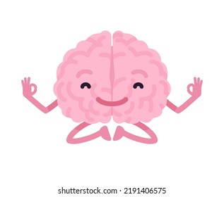 Human Brain Cute Character Meditating In Lotus Yoga Pose. Balance Emotions, Intellect Pleasure, Memory Harmony, Neurology And Neuroscience Cognitive Health. Vector Flat Style Illustration