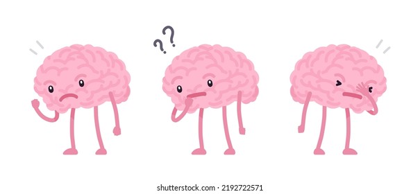 Human brain cute character set, exclamation, question. Resolution or discussion, difficulty to understand or find out information, seeking in interrogative way, testing. Vector flat style illustration