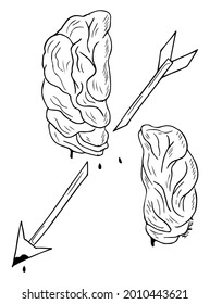 Human brain cuts with arrow hand drawn line art. Flash tattoo or print design vector illustration.