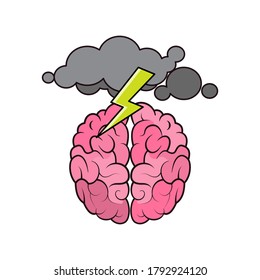 Human brain and dark clouds with lightning bolt. Concept of brainstorming. Flat style illustration. Isolated on white background. 