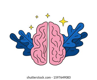 Human brain with decoration emblem isolated on white background. Mental health. Psychological issues. Thinking and brainstorming symbol. Vector color illustration in doodle style.