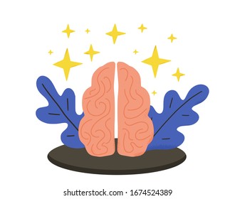 Menschliches Gehirn mit Dekorationsemblem einzeln auf weißem Hintergrund. Psychische Gesundheit. Psychologische Probleme. Denker- und Denksymbol. Vektorillustration, flache Illustration.
