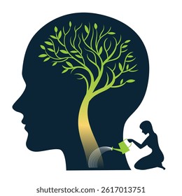 The human brain is depicted as a tree watered by a girl
