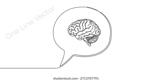Um cérebro humano é retratado dentro de uma bolha de fala, criada usando uma única linha contínua A ilustração do contorno preto é colocada contra um fundo branco limpo