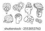 Human brain development, open mind for creative idea line icons set. Outline hand drawn light bulb and tangled thread in head, sun. mental health, growth mascot, icon collection vector illustration