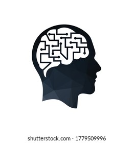 Human brain as digital circuit board. Artificial intelligence icon. Techno human head logo concept creative idea.