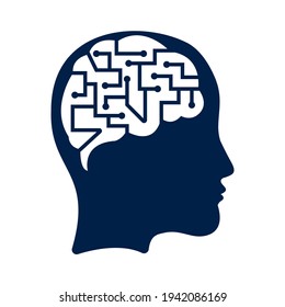 Human brain as digital circuit board. Artificial intelligence icon. Techno woman head logo concept creative idea.