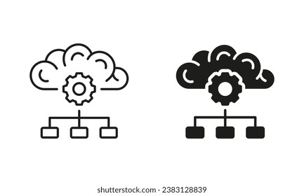 Human Brain Digital Cloud Concept Silhouette and Line Icons Set. AI Smart Technology Black Symbol Collection. Data Science, Artificial Intelligence Pictogram. Isolated Vector Illustration.