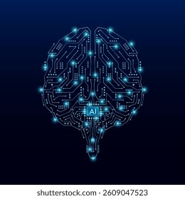 Human brain digital on a dark background. Electronic circuit board glowing blue hi tech. Vector EPS10 illustration.