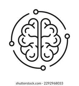 Human Brain and Digital Technology Black Line Icon. Tech Science Linear Pictogram. Neurology and Artificial Intelligence Symbol on White Background. Editable Stroke. Isolated Vector Illustration.