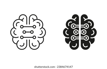 Human Brain and Digital Technology Black Symbol Collection. Neurology and Artificial Intelligence Silhouette and Line Icons Set. Tech Science Pictogram. Isolated Vector Illustration.