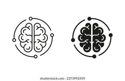 Human Brain and Digital Technology Silhouette and Line Icons Set. Neurology and Artificial Intelligence Black Symbol Collection on White Background. Tech Science Sign. Isolated Vector Illustration.