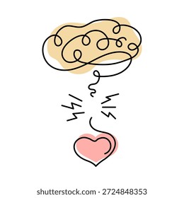 Cerebro humano desconectado al corazón, conexión rota, dibujo de línea continua. Concepto de mente y sentimiento. Ilustración vectorial