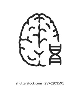 Human Brain DNA Icon. Thin Linear Illustration Combining Cognitive Science and Genetic Structure for Medical and Research Use. Isolated Outline Vector Sign.