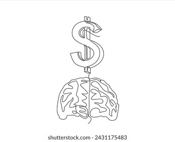 Cerebro humano y signo de dólar. Concepto de pensamientos sobre negocios, comercio, ganancias e ideas de negocios. En el estilo de una línea