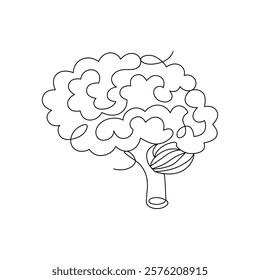 Human brain, drawn with continuous line in minimalism, abstract, organ, central nervous system, nerve cells, mind, one line, editable vector contour