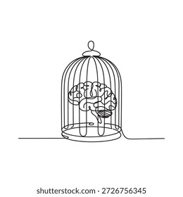 Un cerebro humano encerrado dentro de las barras de un arte lineal de jaula de pájaros