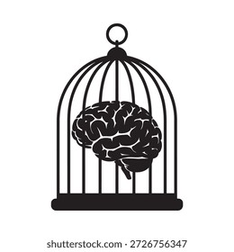 Un cerebro humano encerrado dentro de las barras de una jaula de pájaros que simboliza el confinamiento
