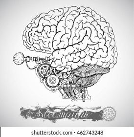 Human brain and eye with vintage mechanism in steampunk style, parts of body and organs