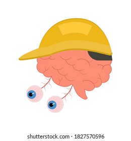 Human brain with eyes in a yellow protective helmet. Psychology, medicine and other concepts. Vector illustration, logo, icon on white background.