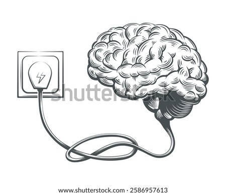 Human brain filling. Engraving mind charging by electric plug cable isolated vector illustration