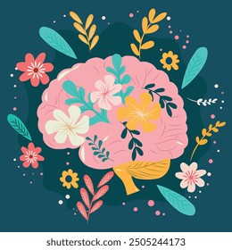 Human brain with flora. Hand drawn vector illustration