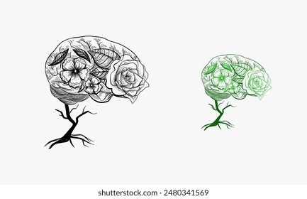 Human Brain with Flower hand drawn illustration, Mind Therapy Illustration vector